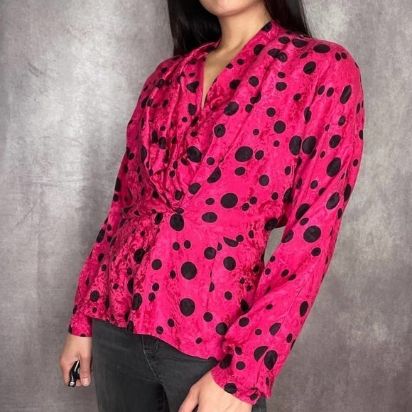 Vintage 80s Michelle Stuart Silk Pink Black Polka Dot Peplum Blouse Shirt 6 - Picture 13 of 13